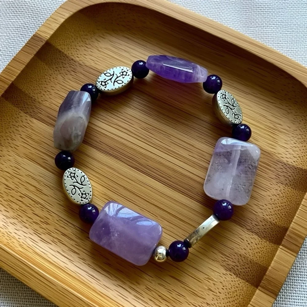 Boho Gemstone Crystal Bracelet Stack Set of 4 Amethyst Fluorite Silver Artisan - Picture 6 of 7